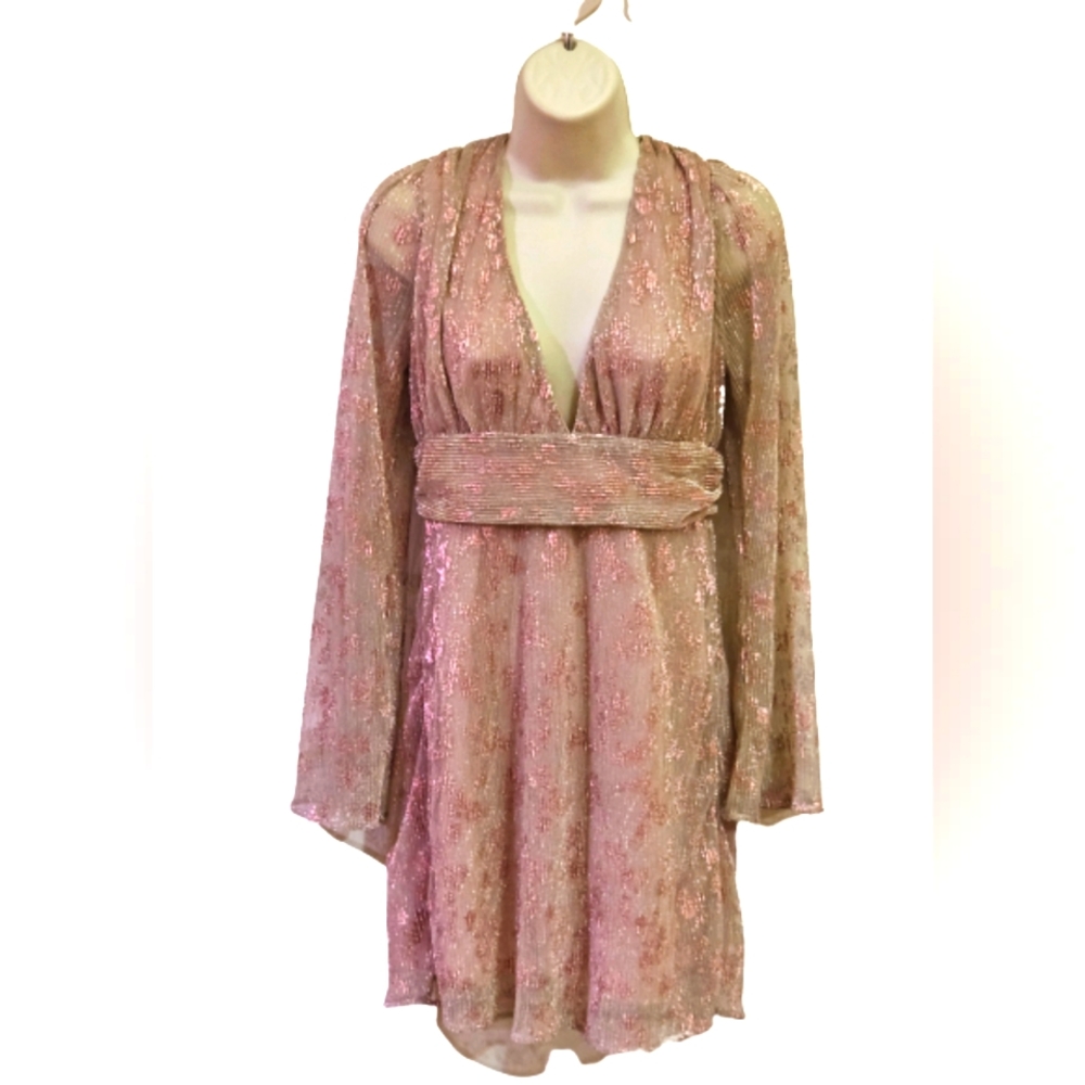 Storia The Josette Mini Dress in Pink Metallic Print, Long Sleeve, Medium, NWT